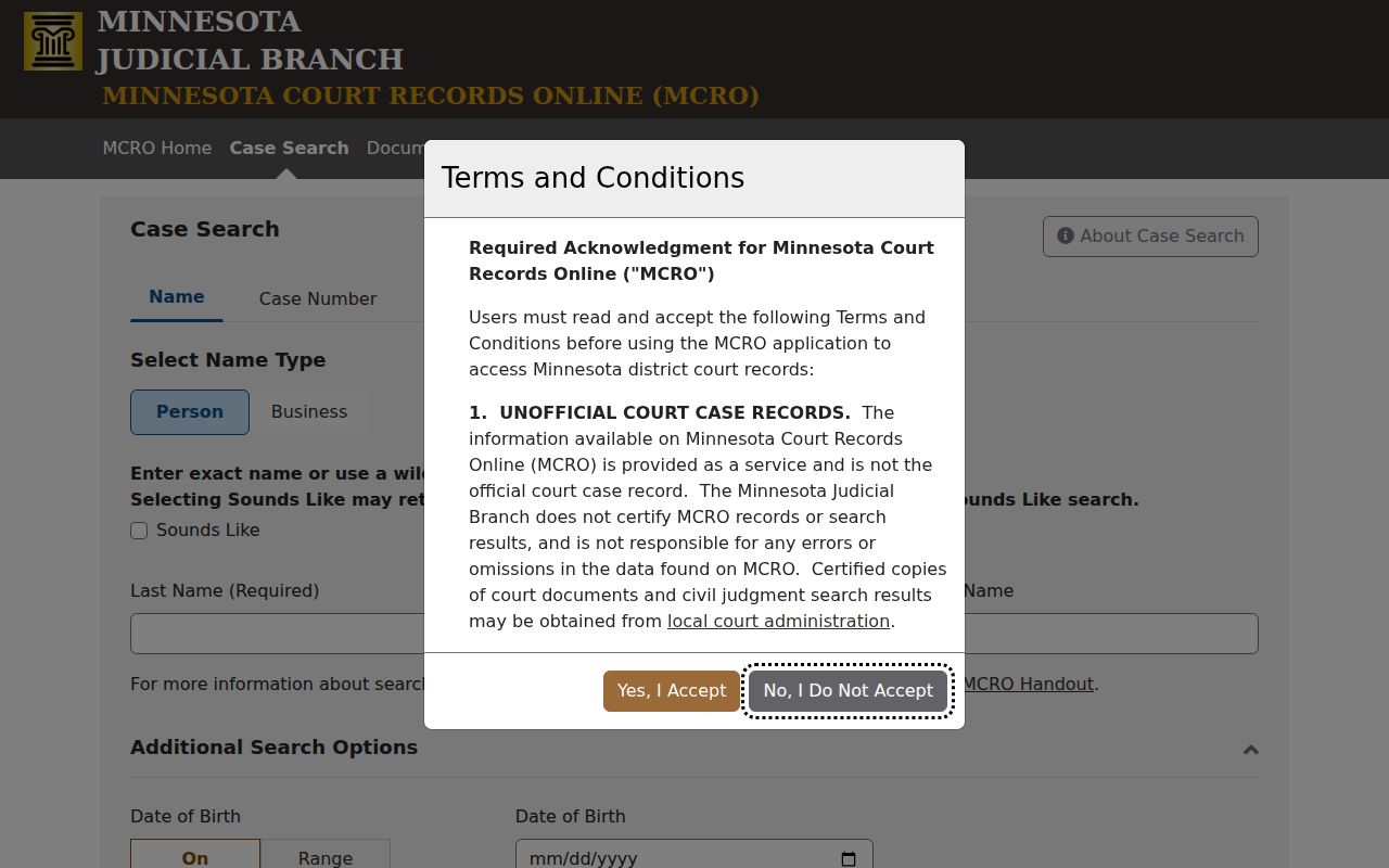 Ramsey County case search MCRO name case citation attorney tabs