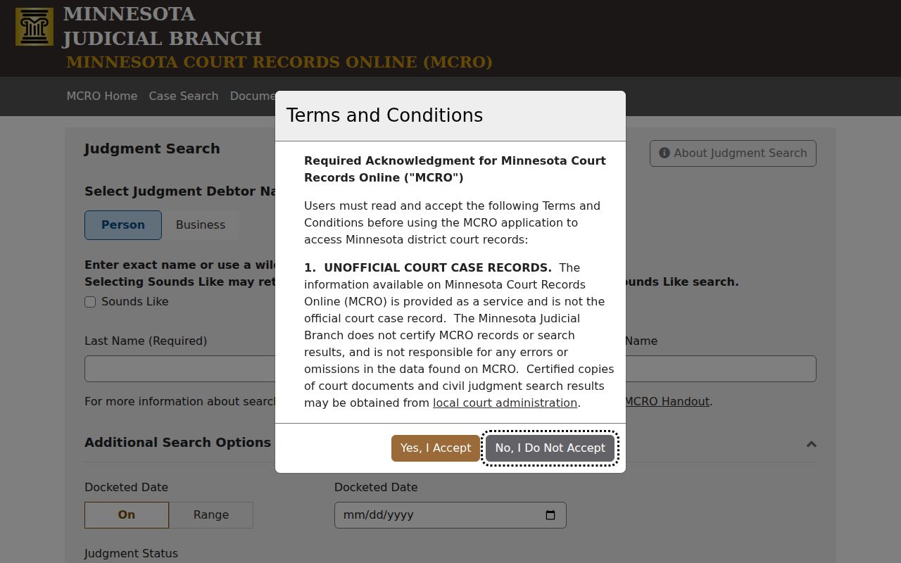 Ramsey County civil docket judgment search fields
