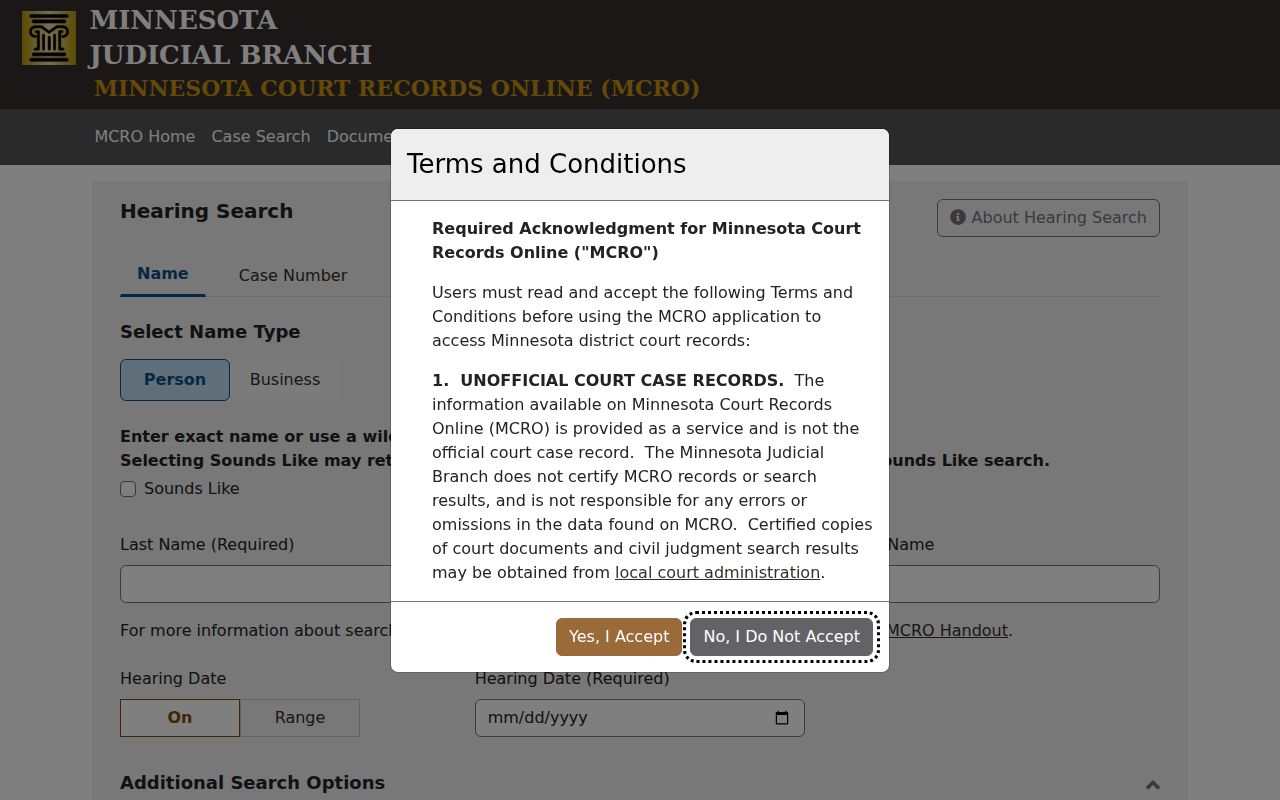 Ramsey County court calendar hearing search date and location filters