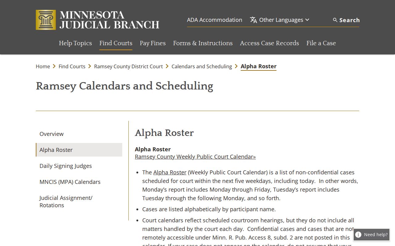 Ramsey County court calendar Alpha Roster public schedule