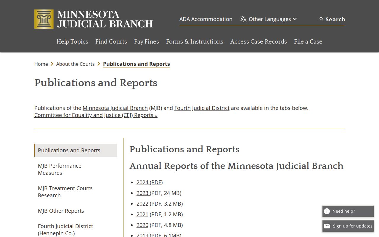 Minnesota Judicial Branch annual reports page with 2023 report access