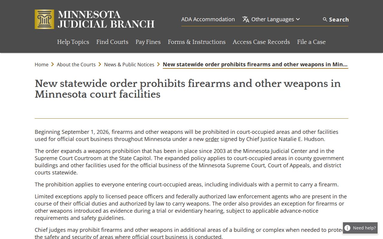 Minnesota Judicial Branch weapons policy announcement for court facilities