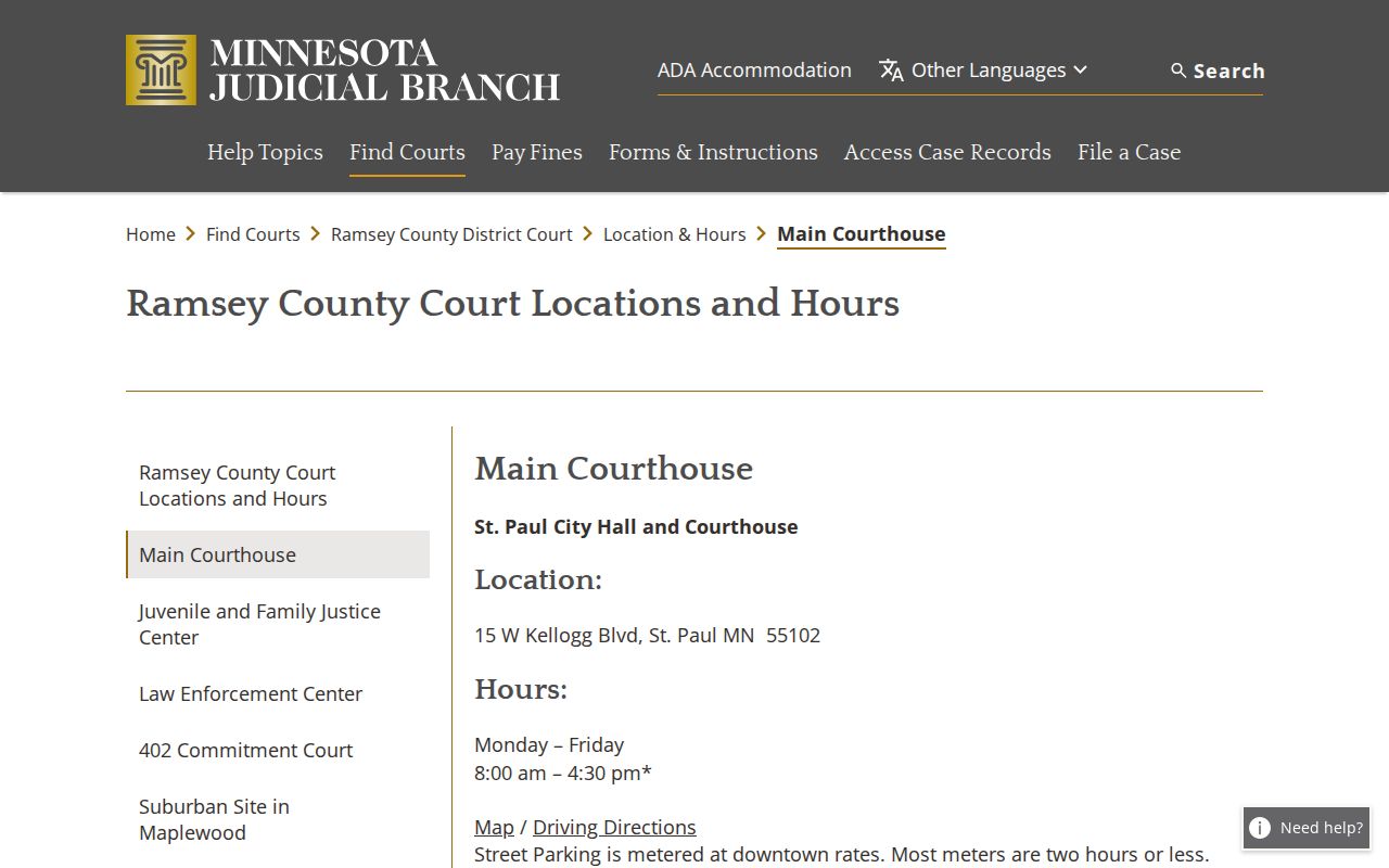 Ramsey County Main Courthouse official location page with building and room information