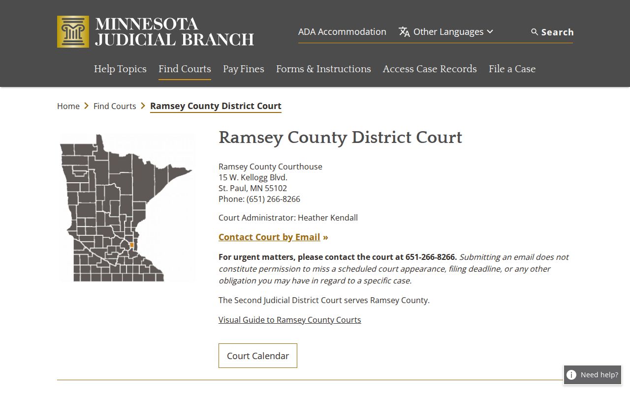 Ramsey County District Court official landing page showing divisions and access links